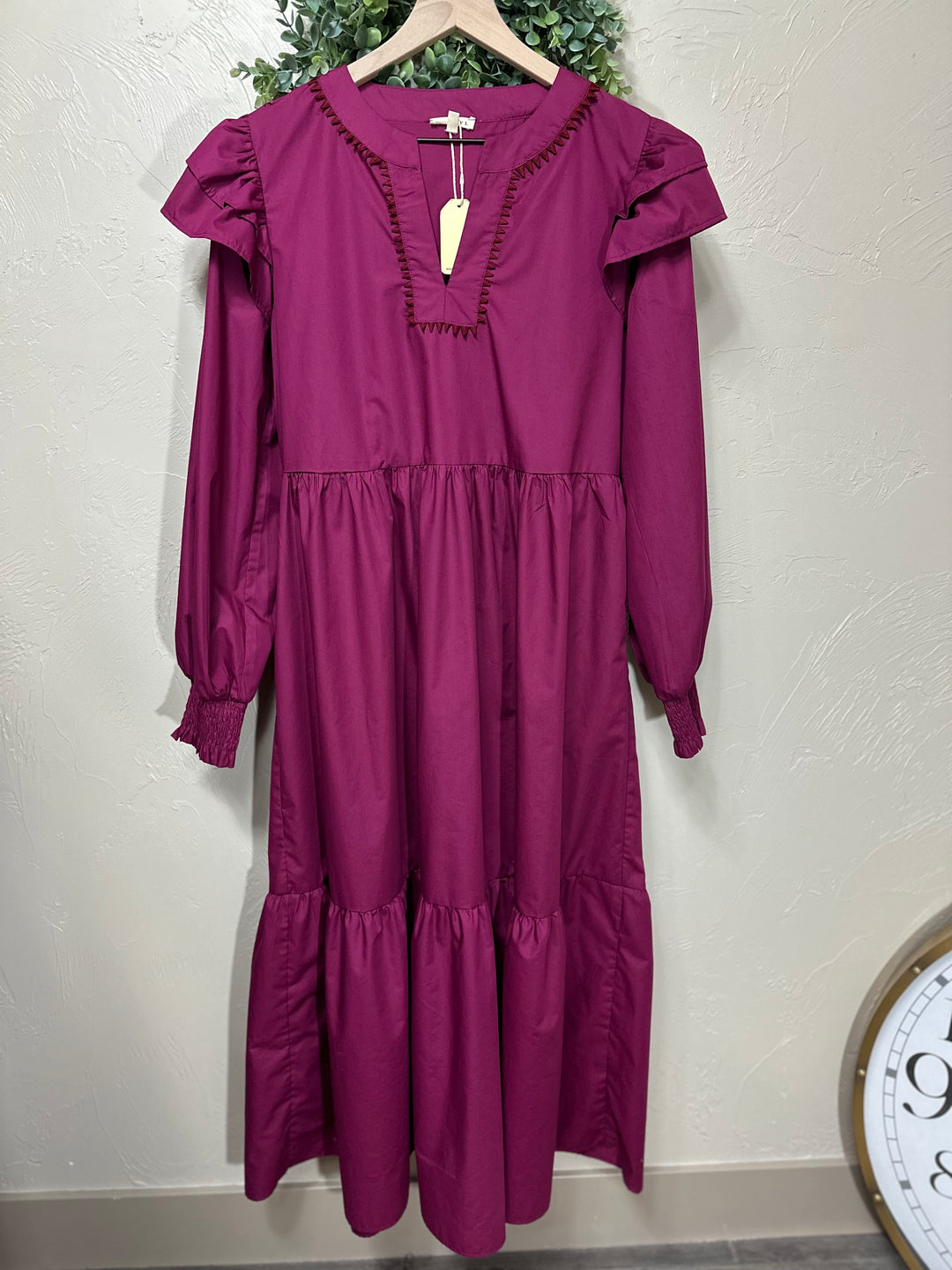 Liza’s Magenta Tiered Ruffle shoulder Maxi Dress