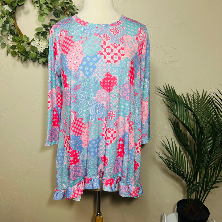Liza Lou’s Ladies Asymmetrical Mixed Patch Print Tunic Top