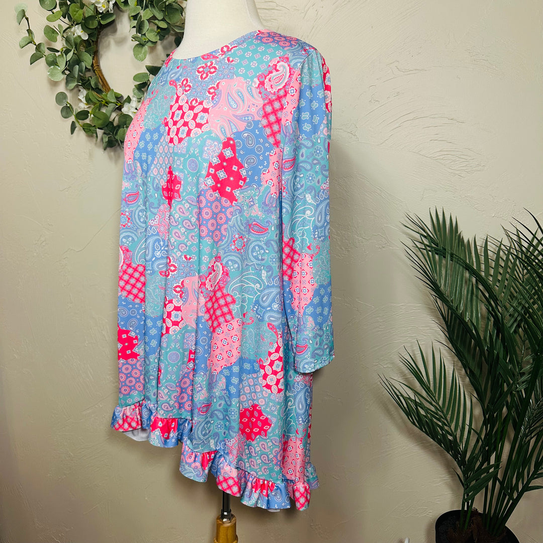 Liza Lou’s Ladies Asymmetrical Mixed Patch Print Tunic Top