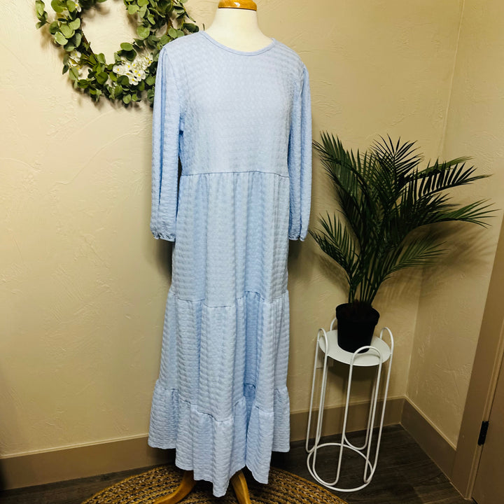 Liza Lou’s Powder Blue Tiered Textured Dress