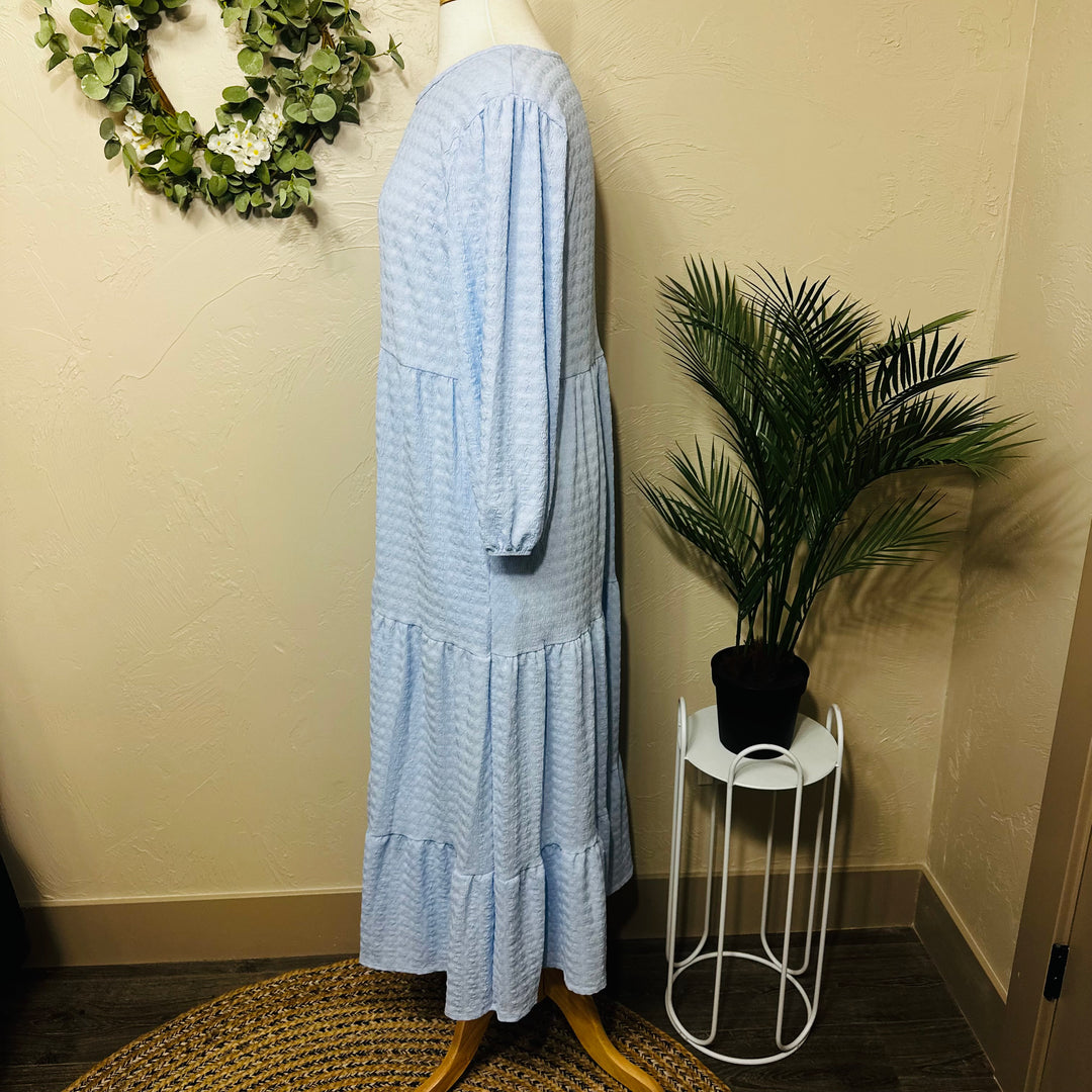 Liza Lou’s Powder Blue Tiered Textured Dress