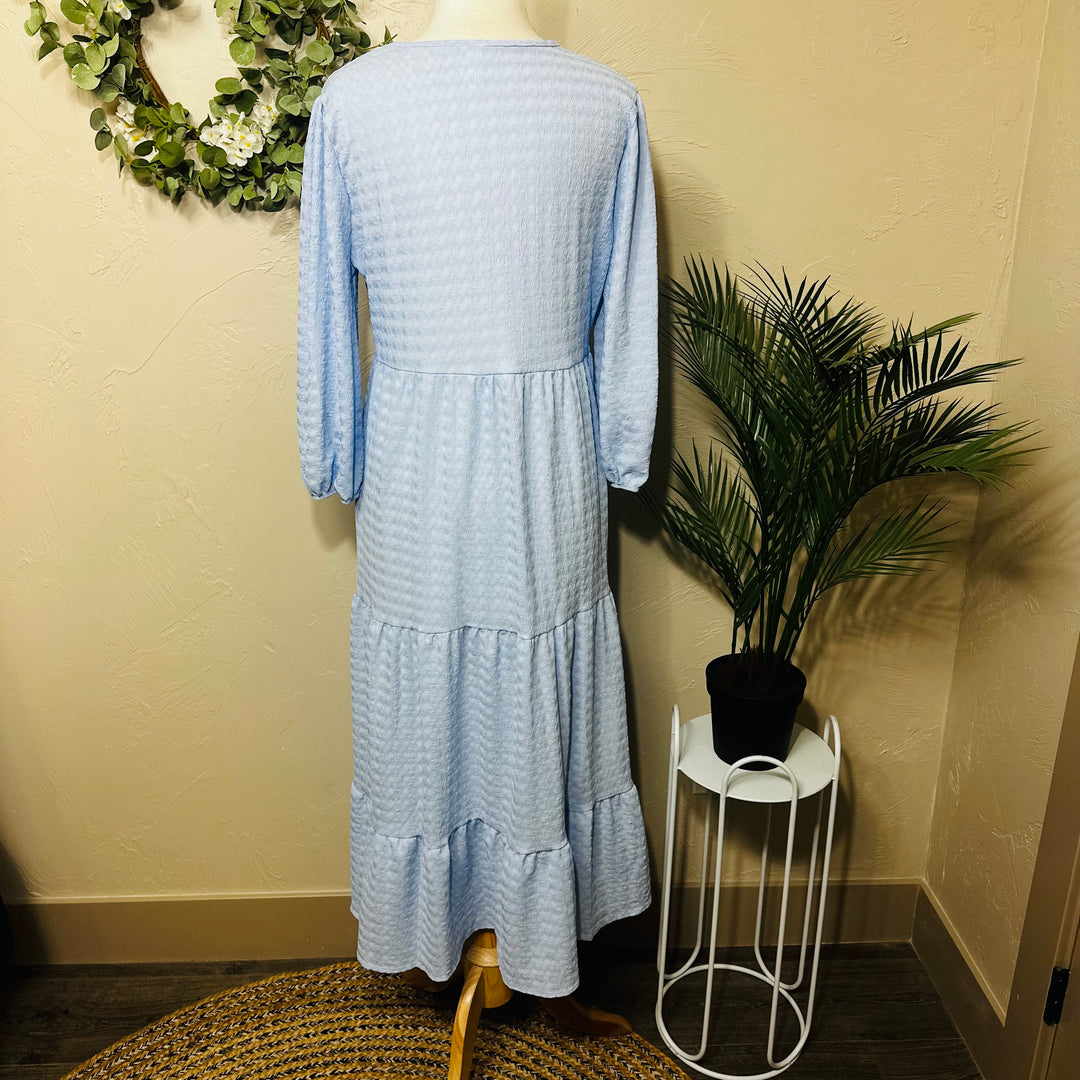Liza Lou’s Powder Blue Tiered Textured Dress