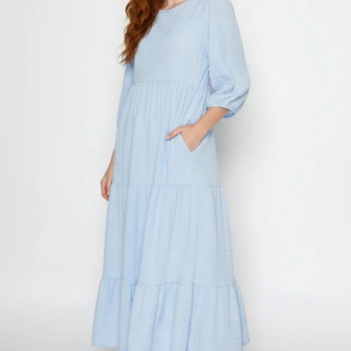 Liza Lou’s Powder Blue Tiered Textured Dress
