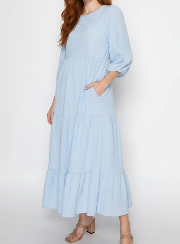 Liza Lou’s Powder Blue Tiered Textured Dress