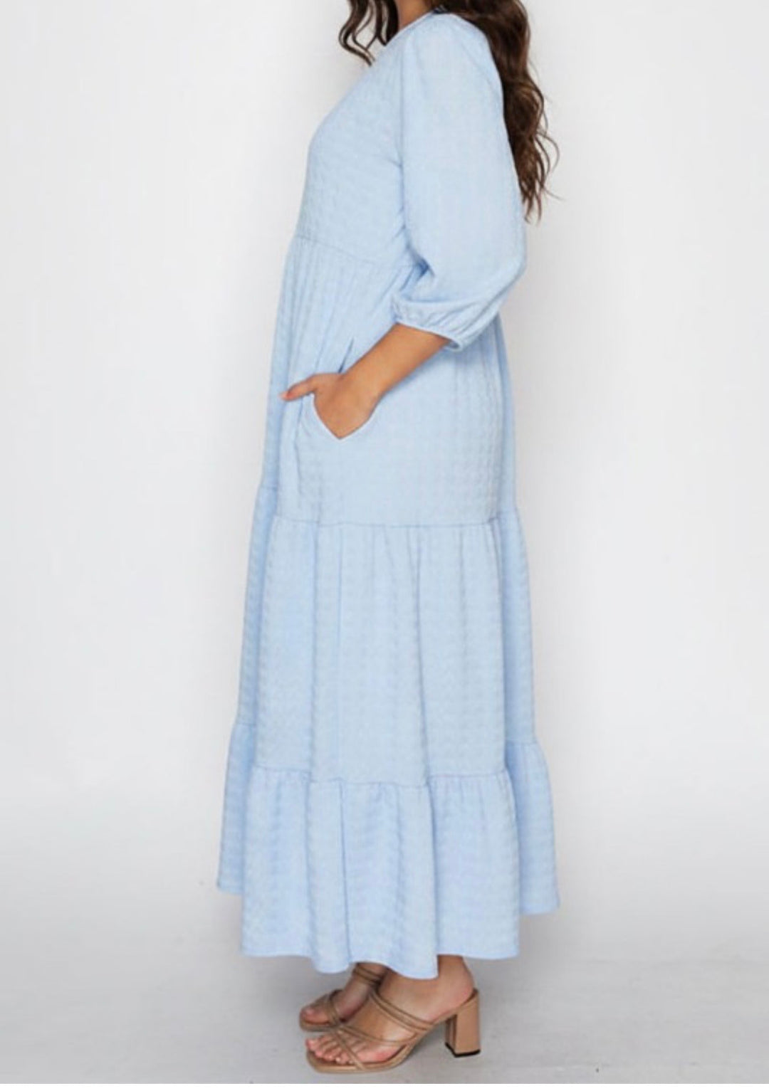 Liza Lou’s Powder Blue Tiered Textured Dress