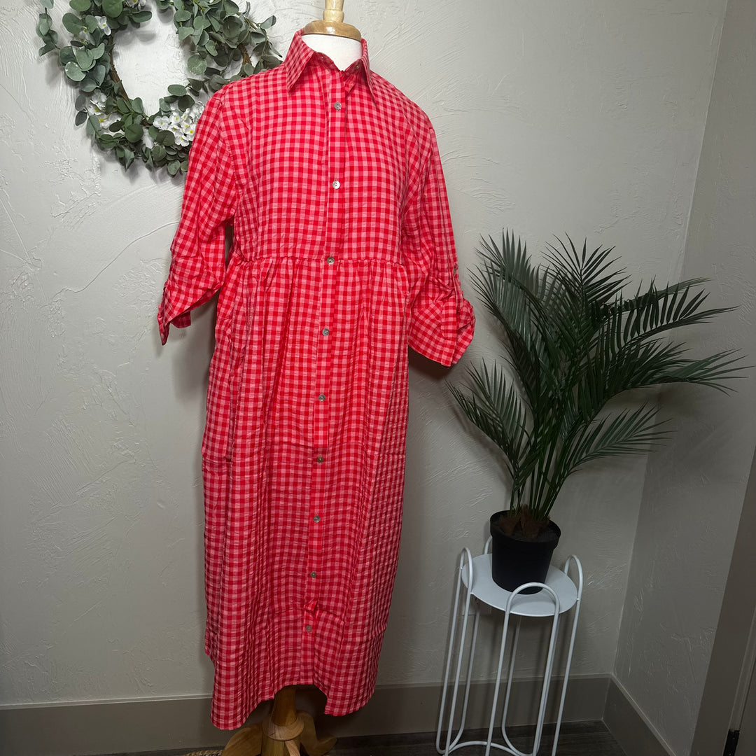 Liza Lou's Coral Red Gingham Checkered Modest Dress