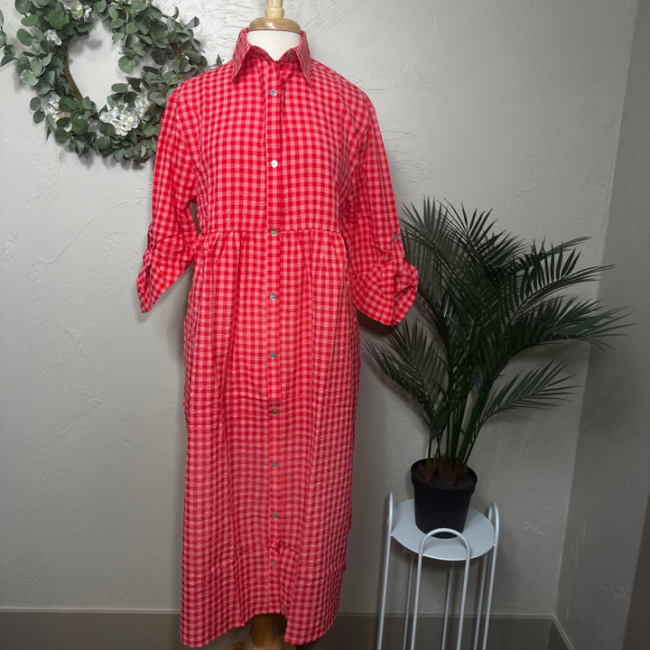 Liza Lou's Coral Red Gingham Checkered Modest Dress