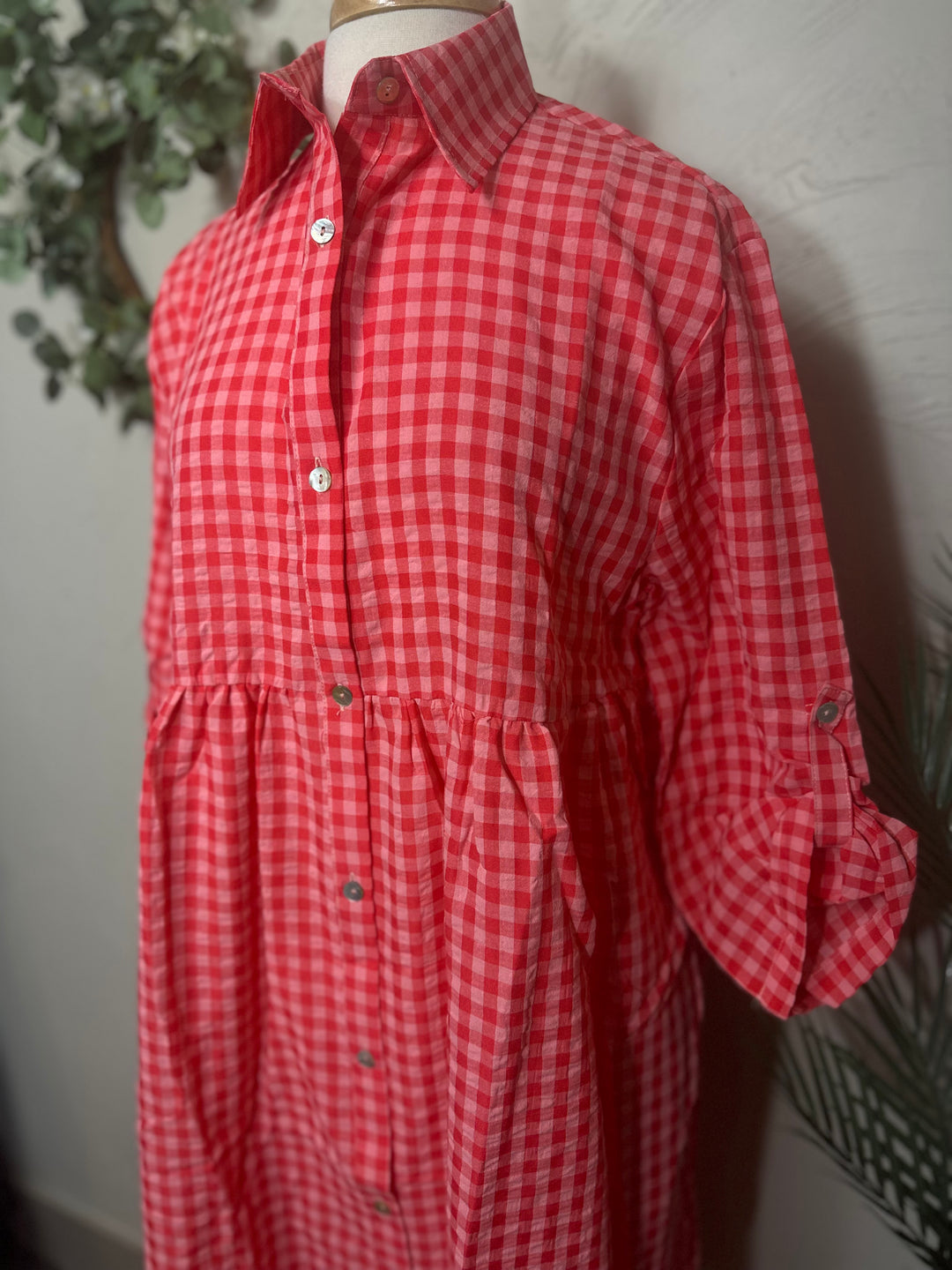 Liza Lou's Coral Red Gingham Checkered Modest Dress