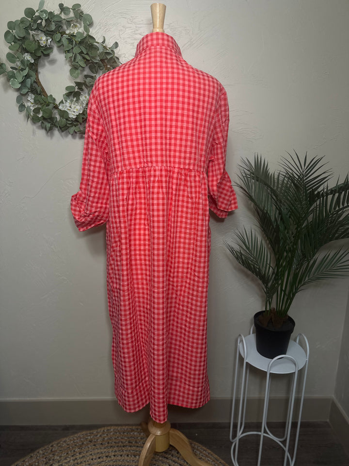 Liza Lou's Coral Red Gingham Checkered Modest Dress