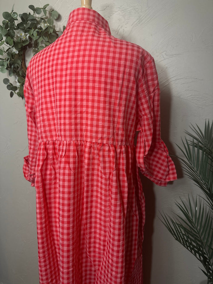 Liza Lou's Coral Red Gingham Checkered Modest Dress