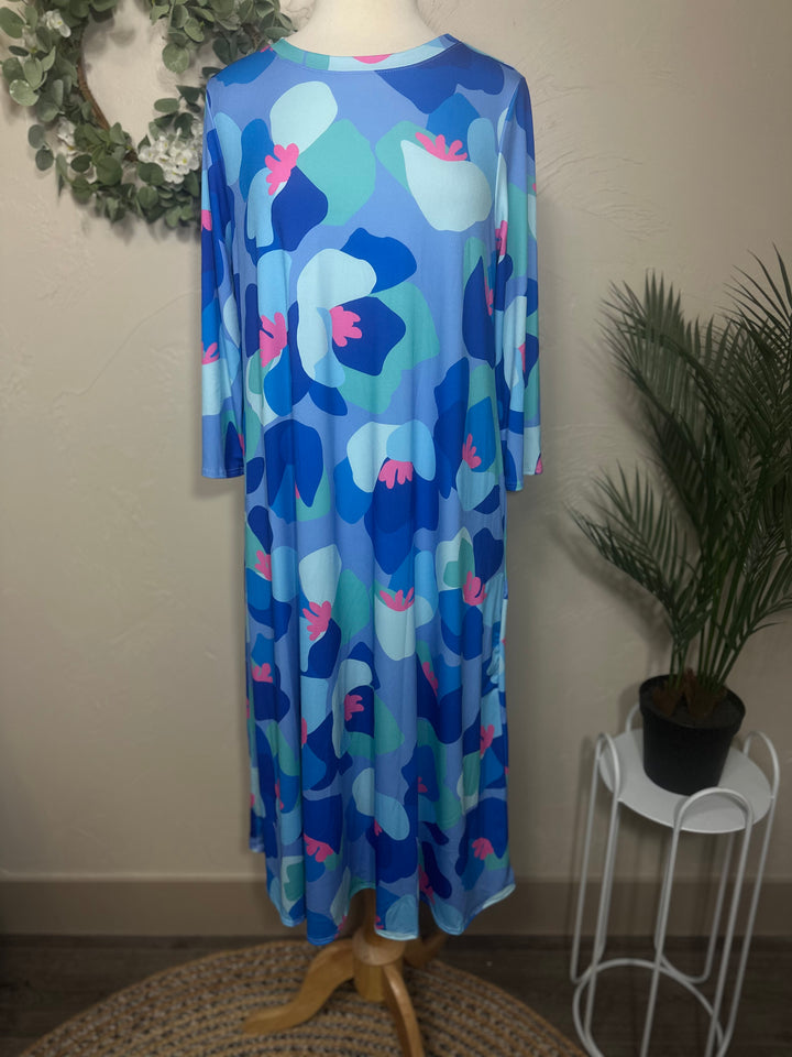 Liza Lou's Vivian Blue Colorful Geometric Modest Women's Dress
