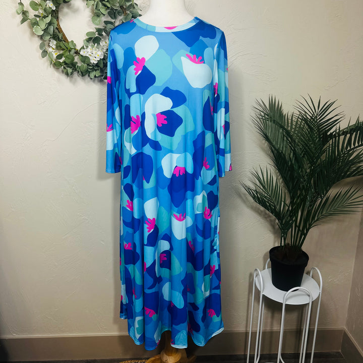Liza Lou's Vivian Blue Colorful Geometric Modest Women's Dress