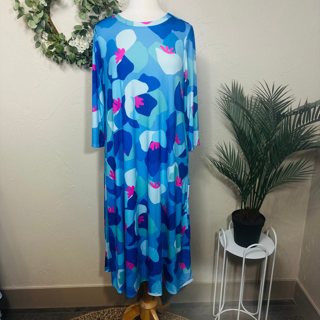 Liza Lou's Vivian Blue Colorful Geometric Modest Women's Dress