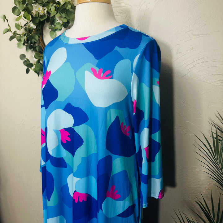 Liza Lou's Vivian Blue Colorful Geometric Modest Women's Dress