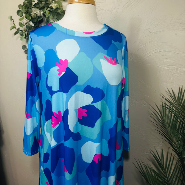 Liza Lou's Vivian Blue Colorful Geometric Modest Women's Dress