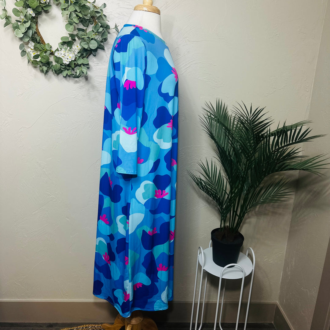 Liza Lou's Vivian Blue Colorful Geometric Modest Women's Dress