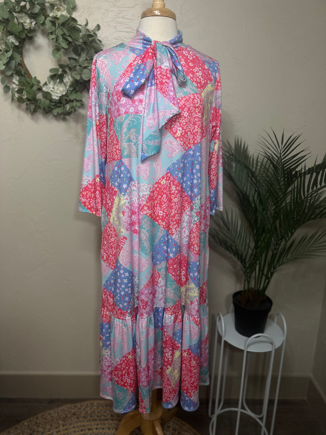 Liza Lou’s Modest Regina Colorful Patchwork Long Dress with Tie
