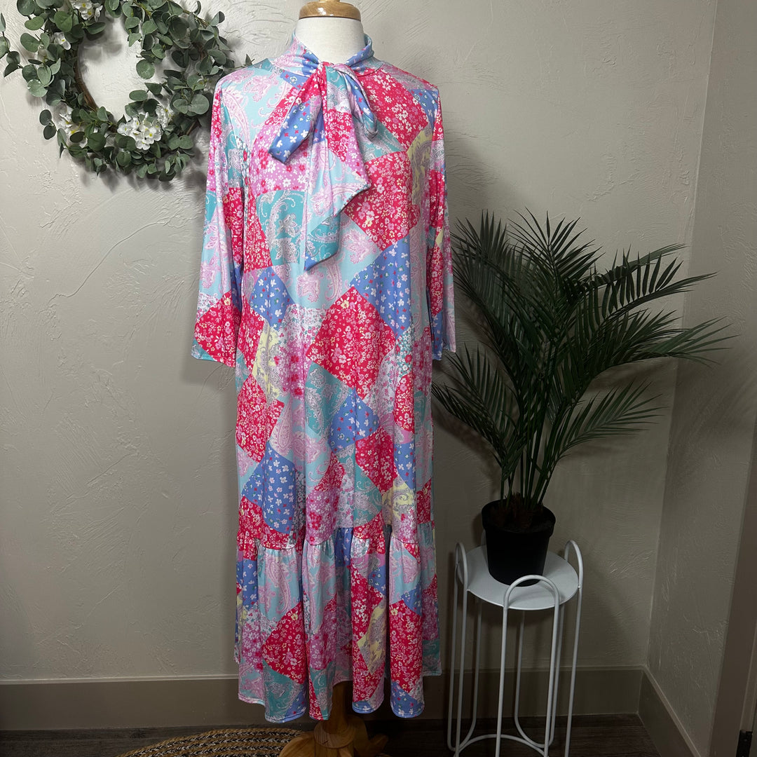Liza Lou’s Modest Regina Colorful Patchwork Long Dress with Tie