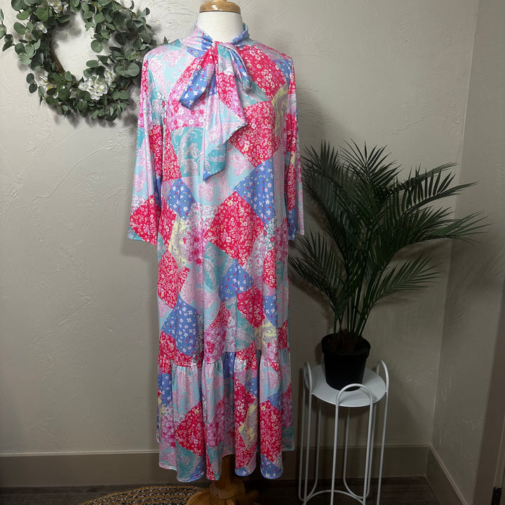Liza Lou’s Modest Regina Colorful Patchwork Long Dress with Tie