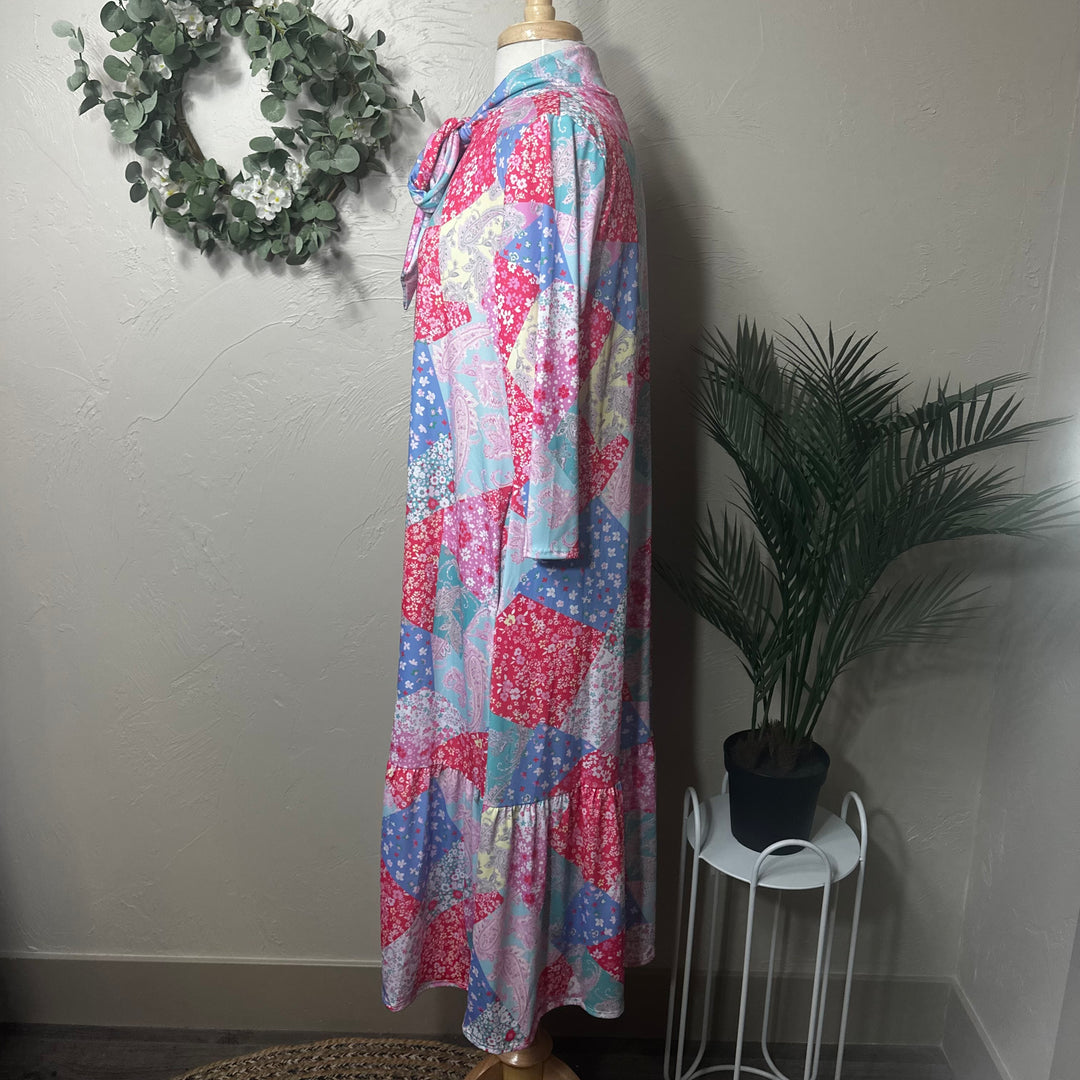 Liza Lou’s Modest Regina Colorful Patchwork Long Dress with Tie
