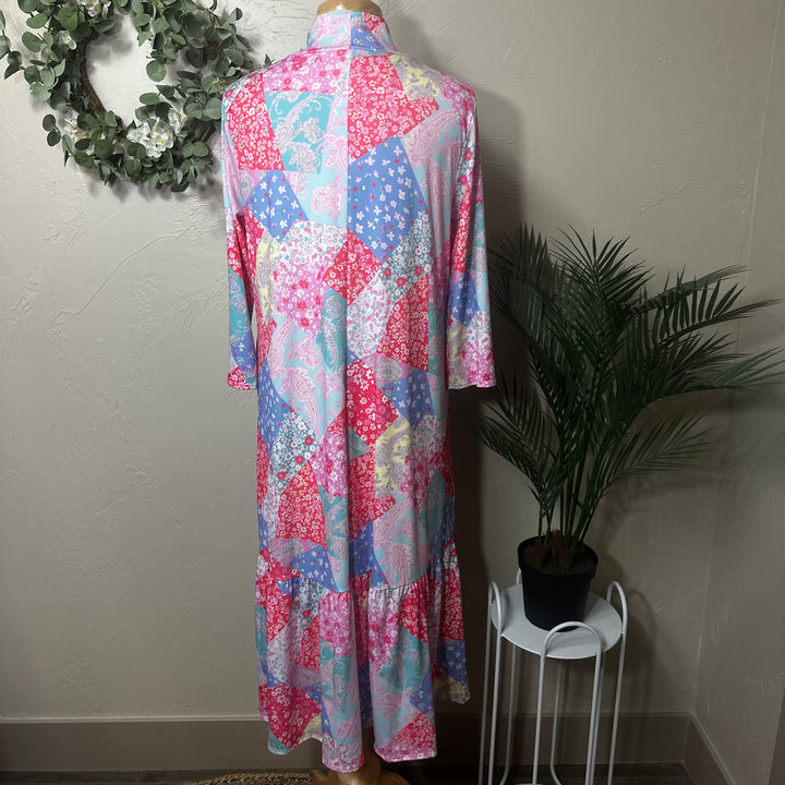 Liza Lou’s Modest Regina Colorful Patchwork Long Dress with Tie