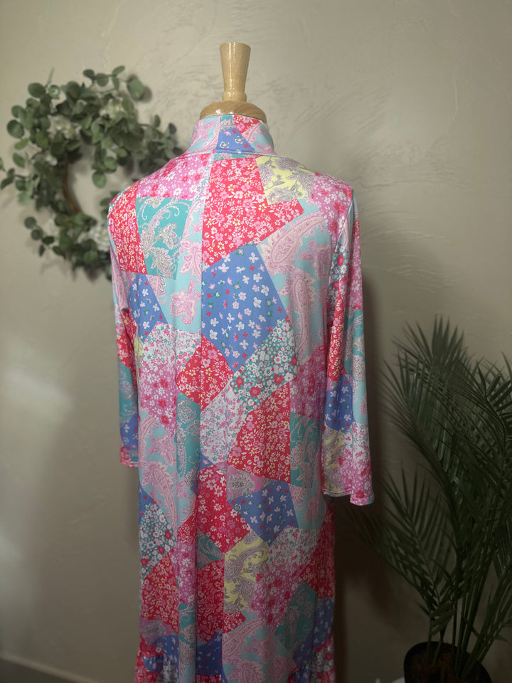 Liza Lou’s Modest Regina Colorful Patchwork Long Dress with Tie
