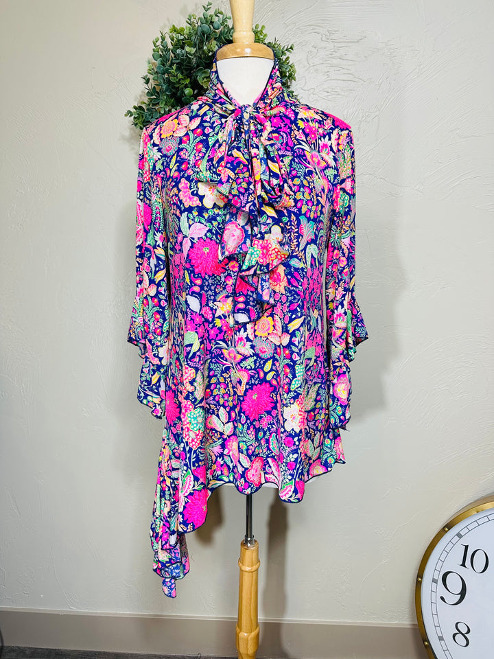 Liza Lou’s Colorful Paisley Asymmetrical Tunic Top with Tie