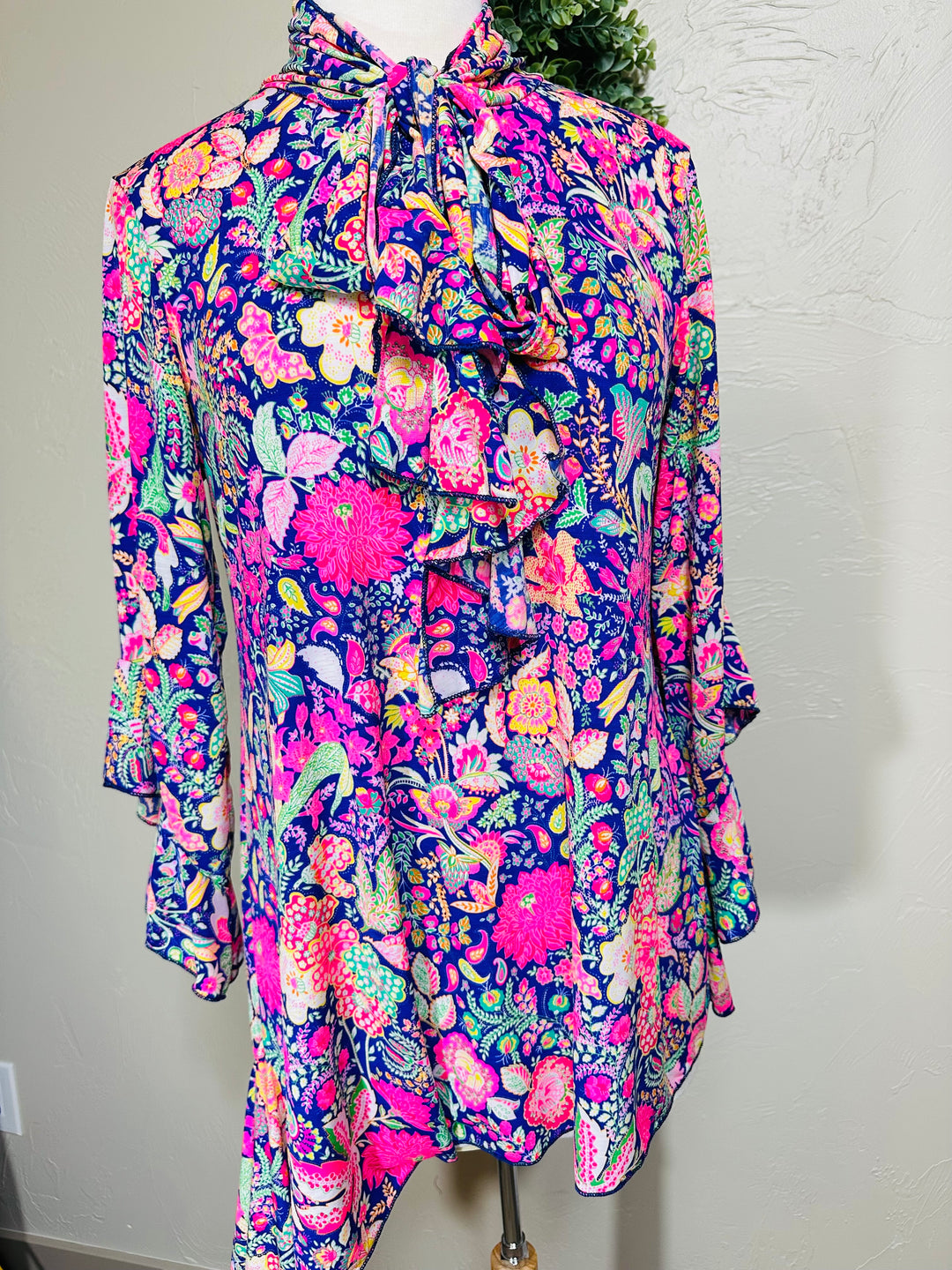 Liza Lou’s Colorful Paisley Asymmetrical Tunic Top with Tie