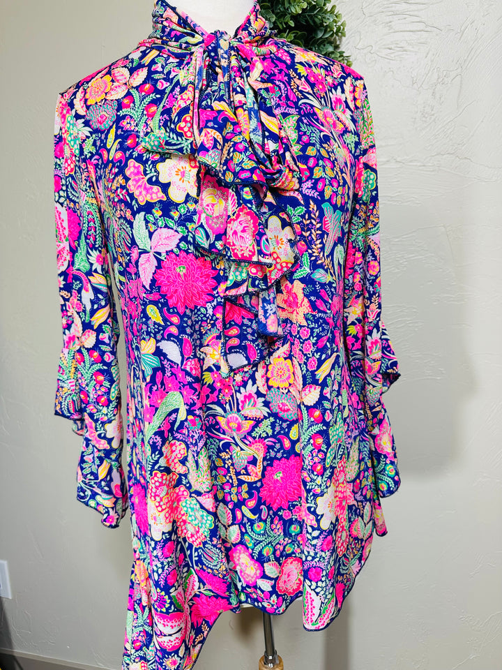 Liza Lou’s Colorful Paisley Asymmetrical Tunic Top with Tie