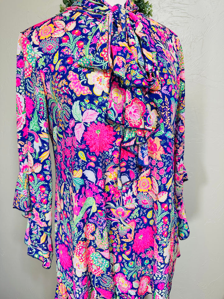 Liza Lou’s Colorful Paisley Asymmetrical Tunic Top with Tie