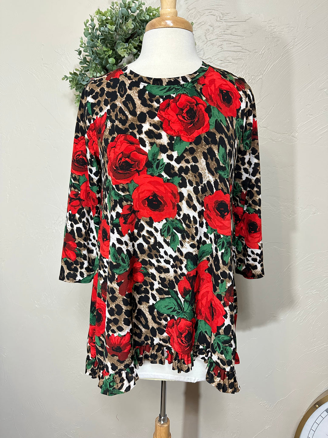 Liza Lou’s Asymmetrical Top Animal Print Floral Tunic Top with Ruffle