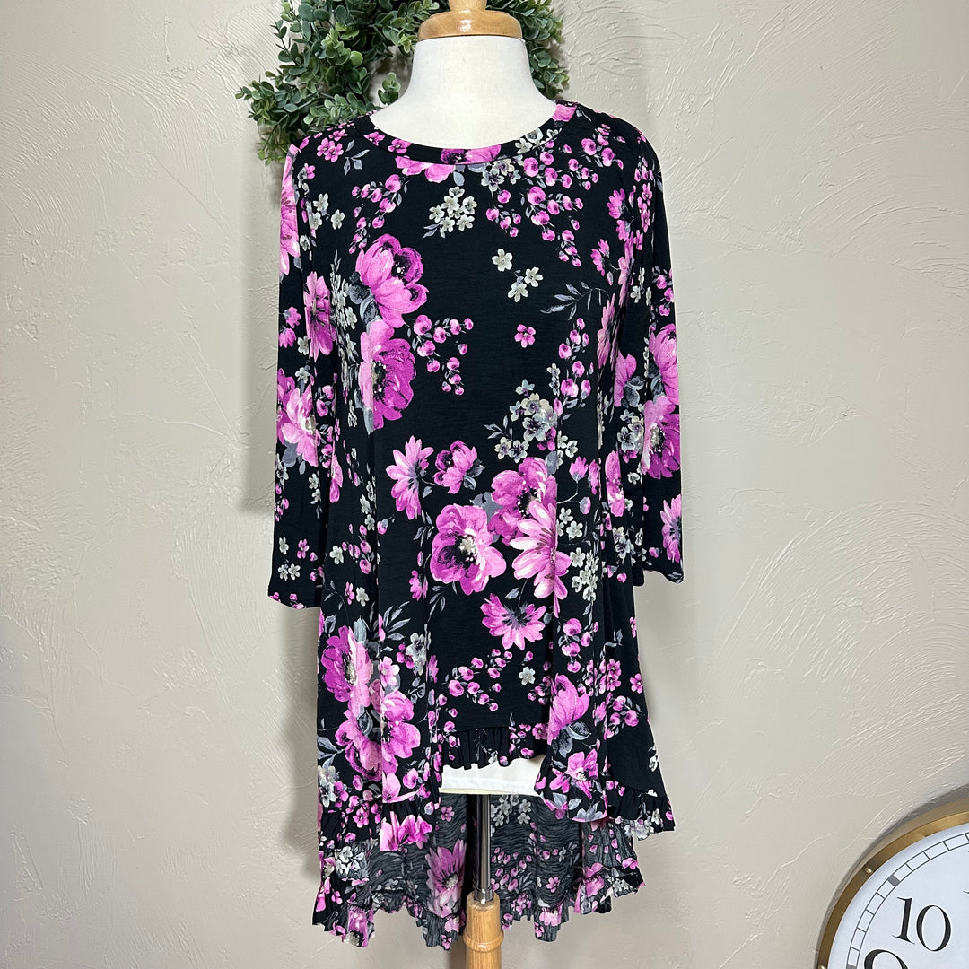 Liza Lou's Purple Pink Rose Floral High Low Tunic Top