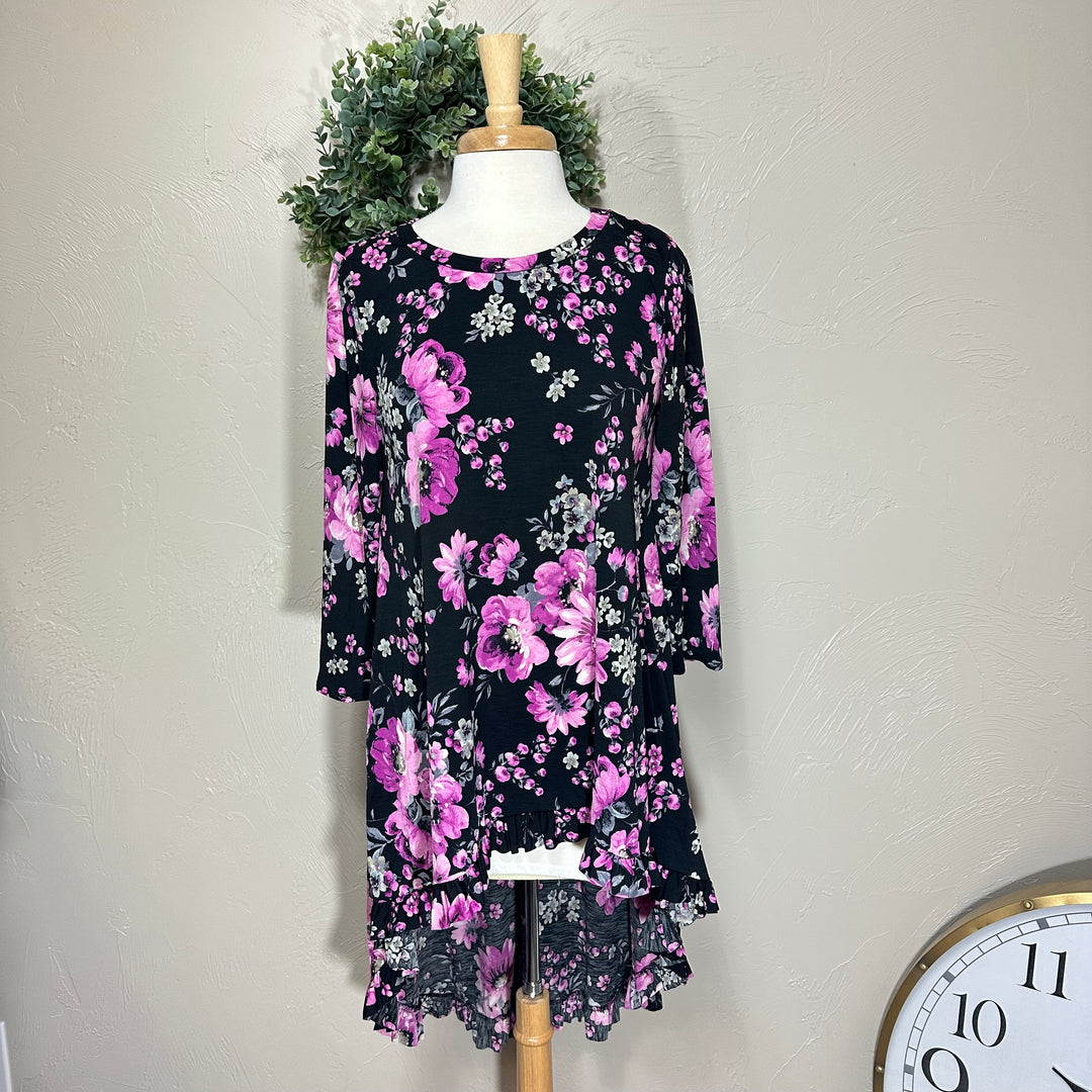 Liza Lou's Purple Pink Rose Floral High Low Tunic Top