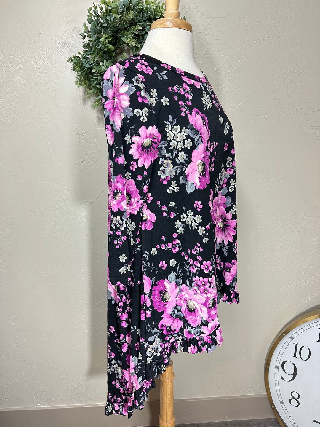 Liza Lou's Purple Pink Rose Floral High Low Tunic Top