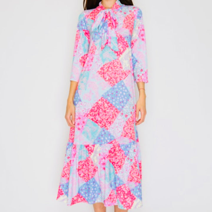 Liza Lou’s Modest Regina Colorful Patchwork Long Dress with Tie