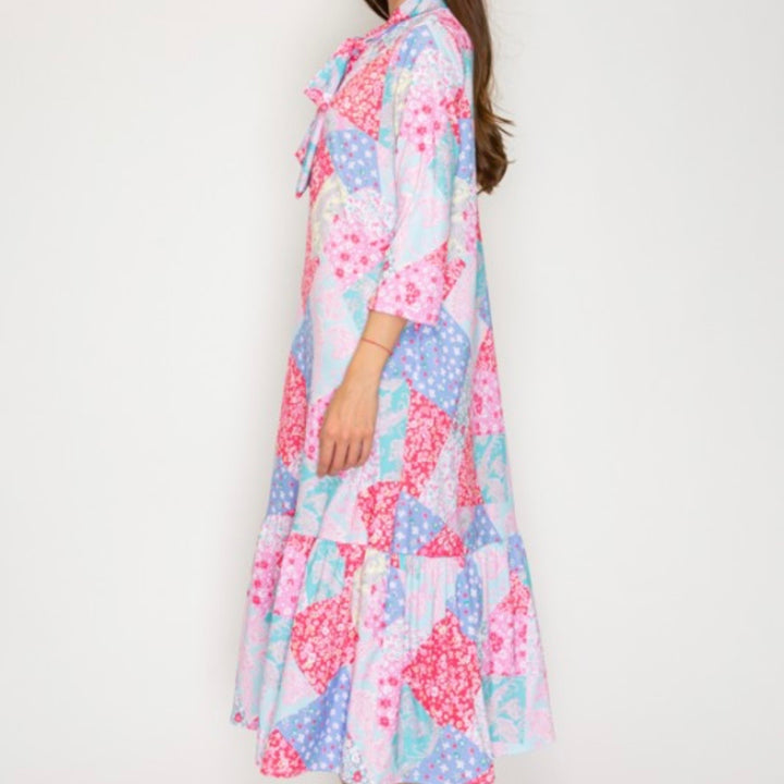 Liza Lou’s Modest Regina Colorful Patchwork Long Dress with Tie