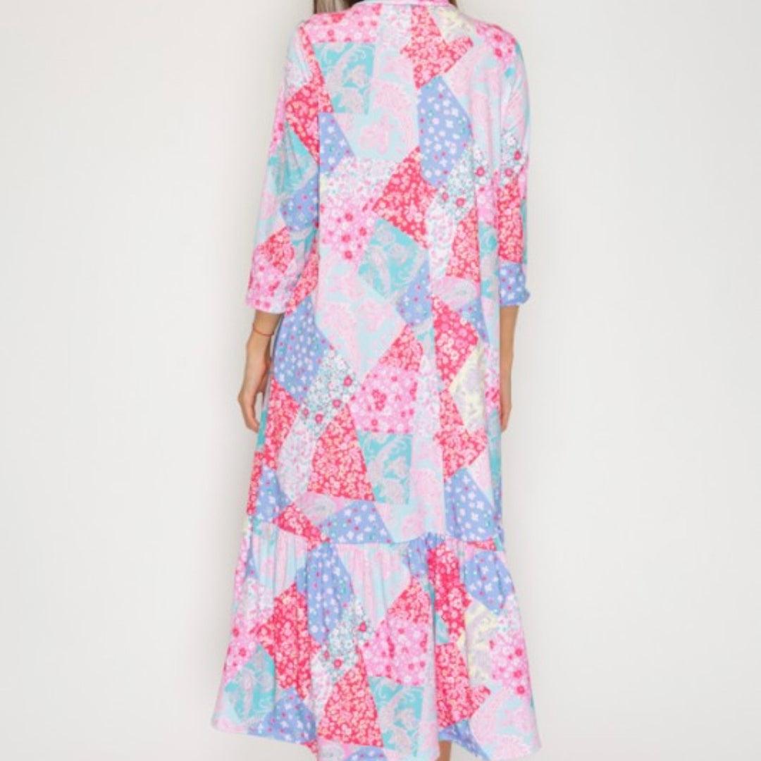Liza Lou’s Modest Regina Colorful Patchwork Long Dress with Tie