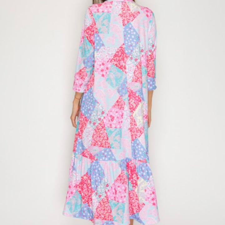 Liza Lou’s Modest Regina Colorful Patchwork Long Dress with Tie