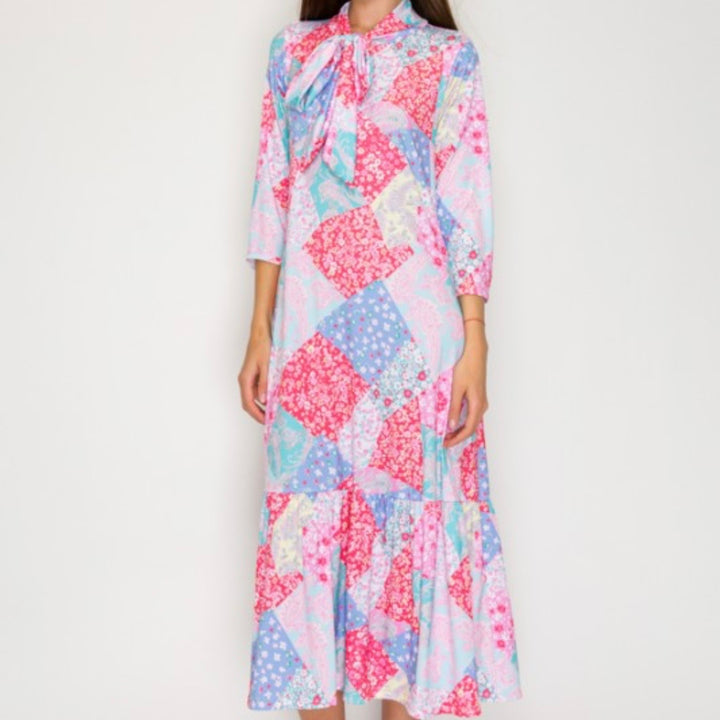 Liza Lou’s Modest Regina Colorful Patchwork Long Dress with Tie