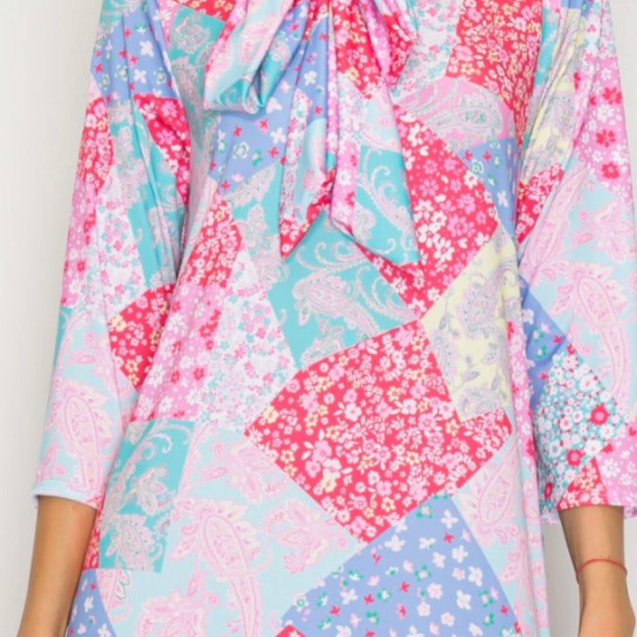 Liza Lou’s Modest Regina Colorful Patchwork Long Dress with Tie
