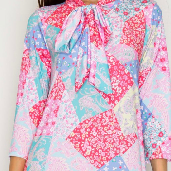 Liza Lou’s Modest Regina Colorful Patchwork Long Dress with Tie