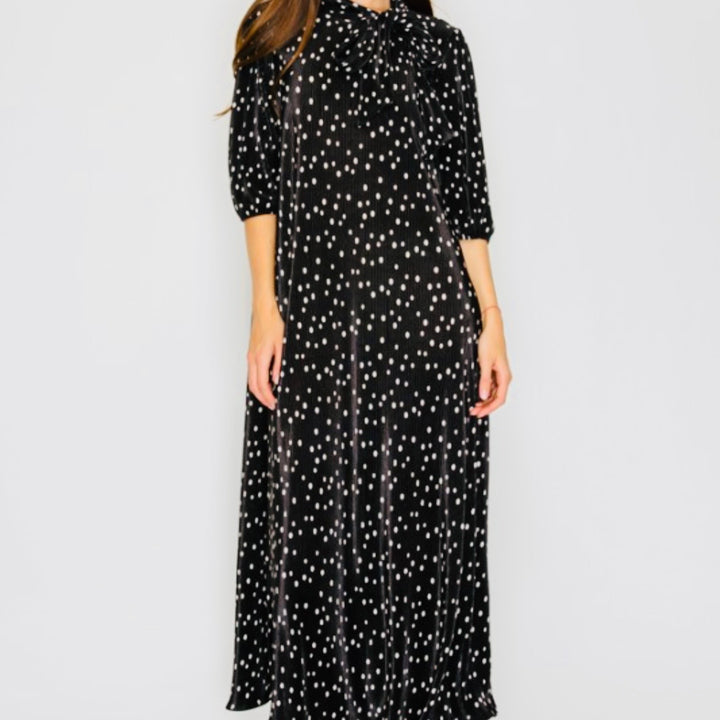 Liza Lou's Lavon Bodre Black with Polka Dots Long Modest Dress w/ Bow Tie