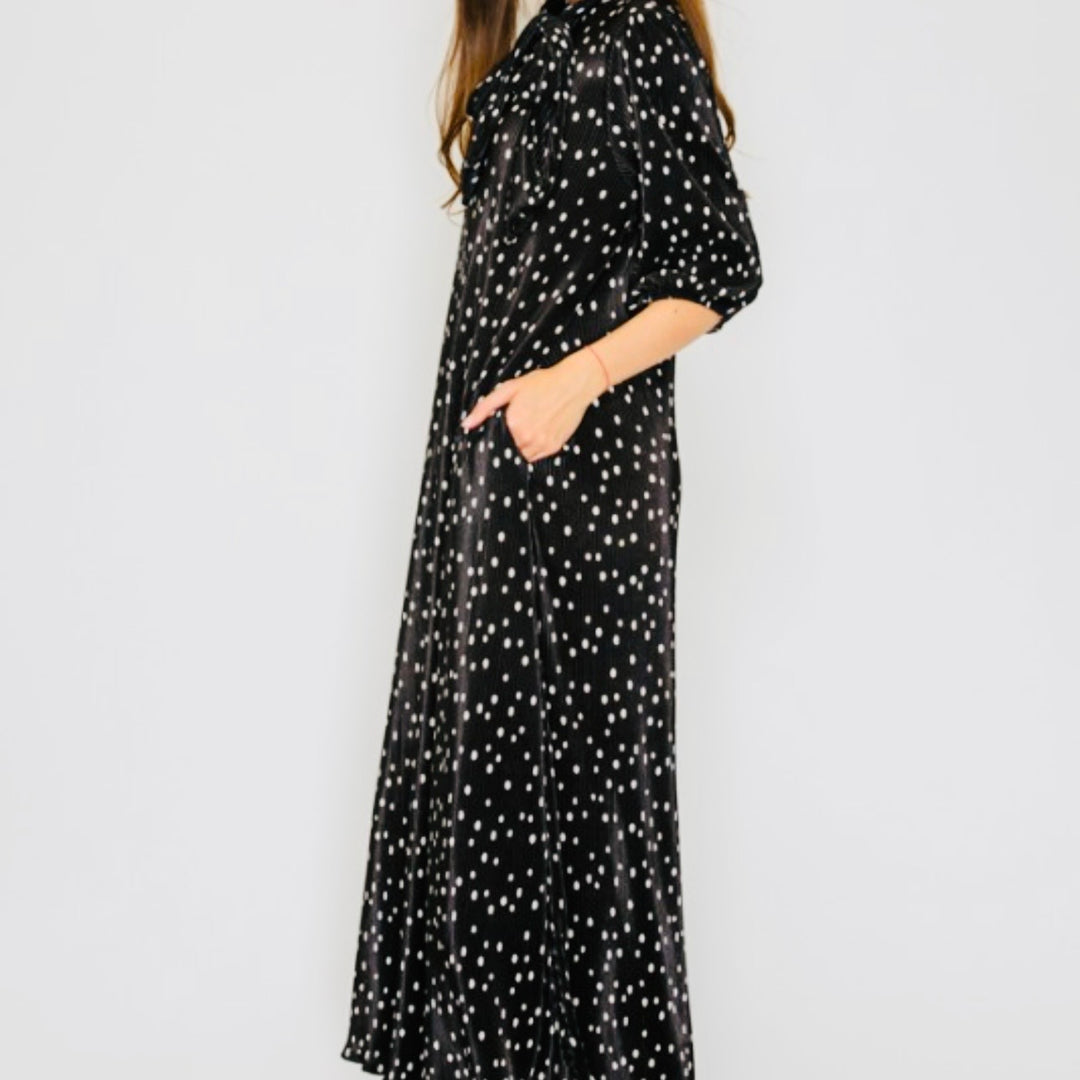 Liza Lou's Lavon Bodre Black with Polka Dots Long Modest Dress w/ Bow Tie
