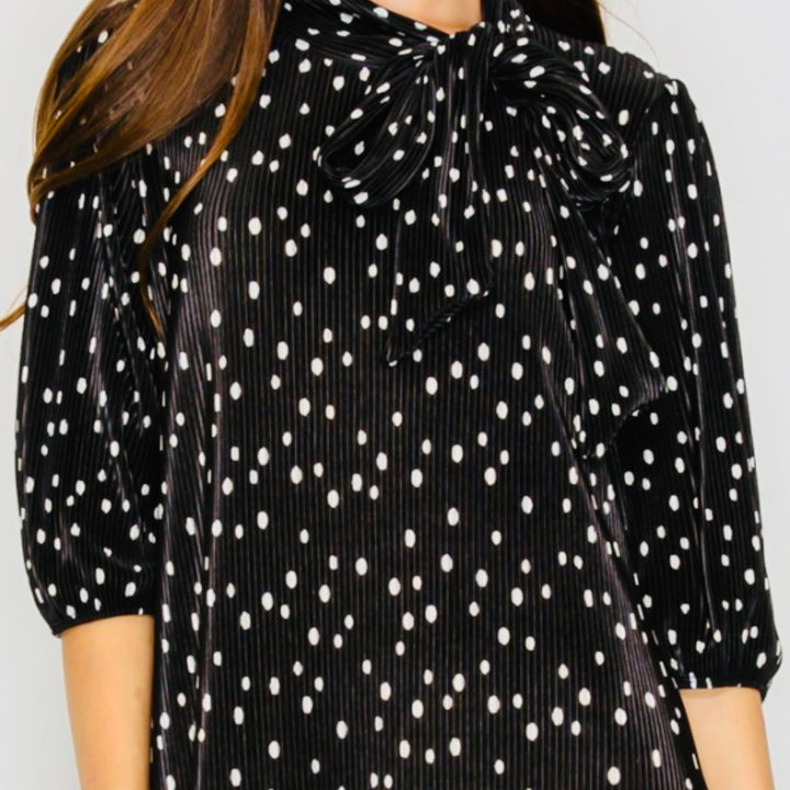 Liza Lou's Lavon Bodre Black with Polka Dots Long Modest Dress w/ Bow Tie