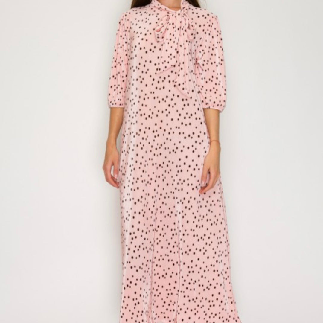 Liza Lou's Lavon Bodre Pink with Polka Dots Long Modest Dress w/ Bow Tie