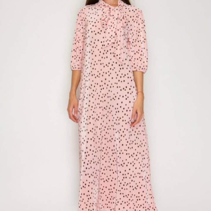 Liza Lou's Lavon Bodre Pink with Polka Dots Long Modest Dress w/ Bow Tie