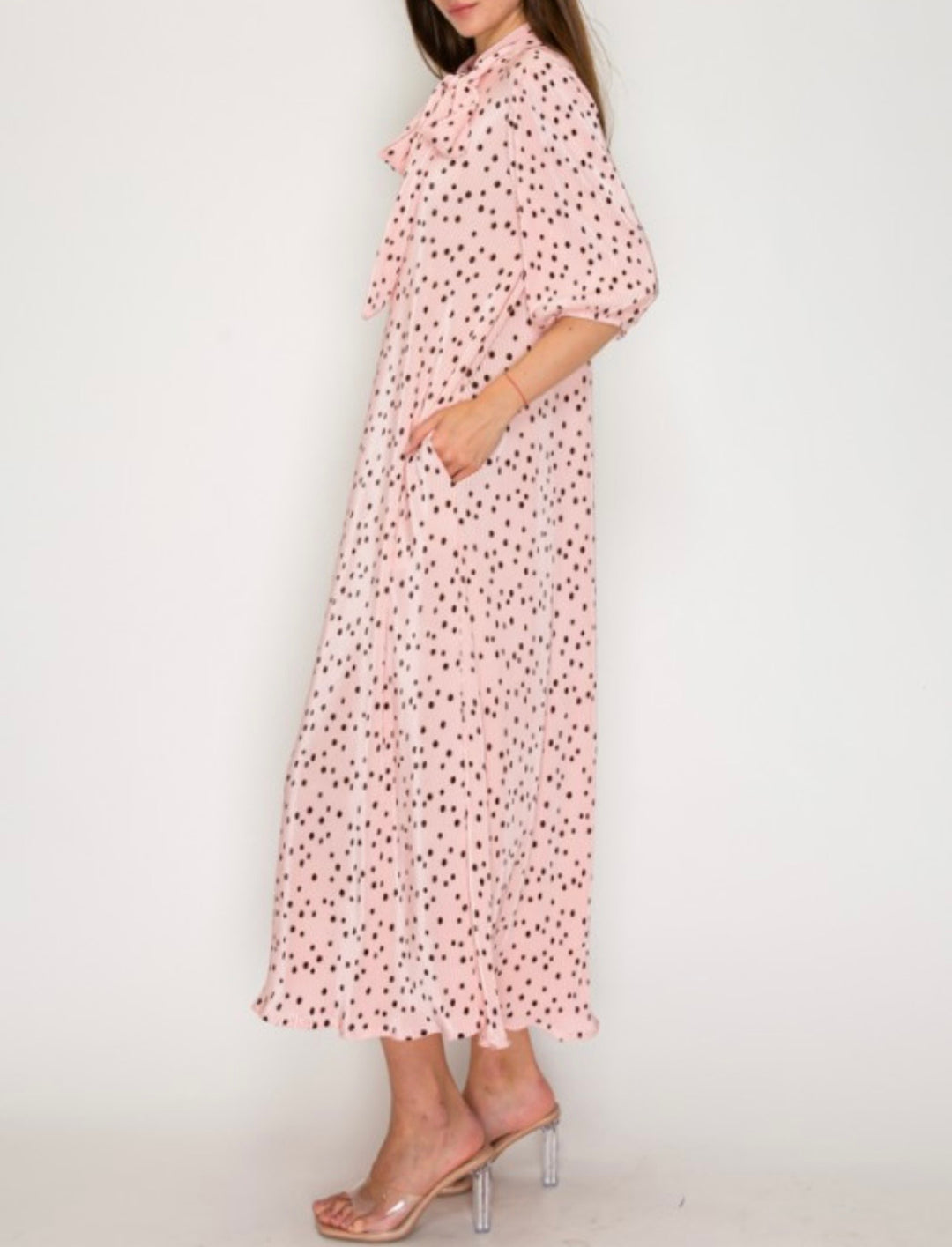 Liza Lou's Lavon Bodre Pink with Polka Dots Long Modest Dress w/ Bow Tie