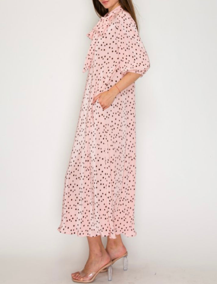 Liza Lou's Lavon Bodre Pink with Polka Dots Long Modest Dress w/ Bow Tie
