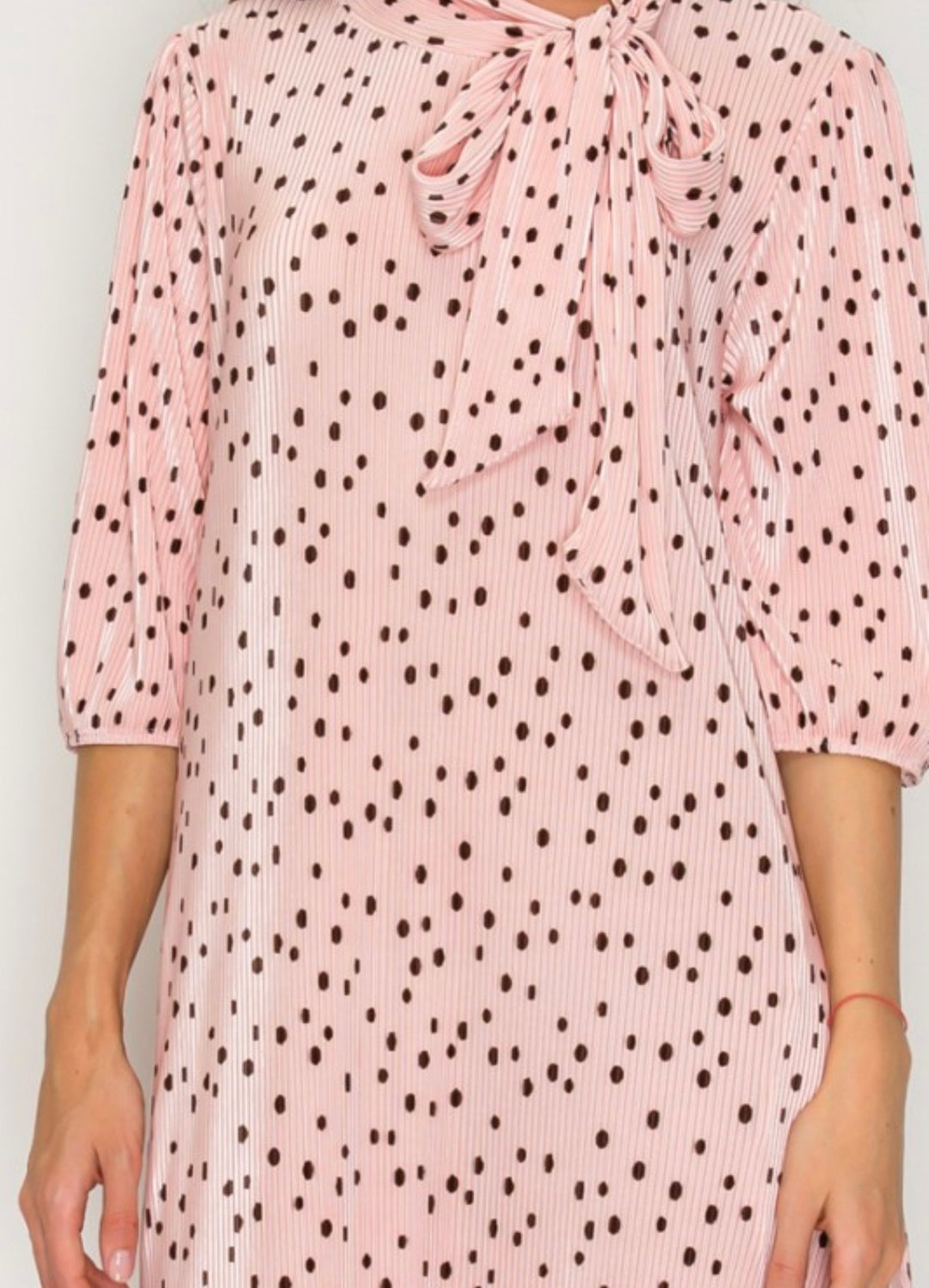 Liza Lou's Lavon Bodre Pink with Polka Dots Long Modest Dress w/ Bow Tie