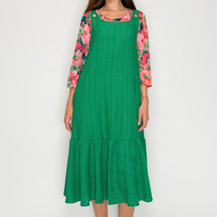 Liza Lou's Sophie Green Textured Jumper Sleeveless Modest Dress
